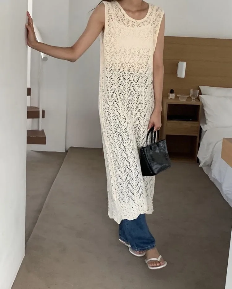 Summer Casual Commute Long Shirt Knitted Open Front Hollow out Cover up Vest Dress mid Length a Line Skirt Single Piece