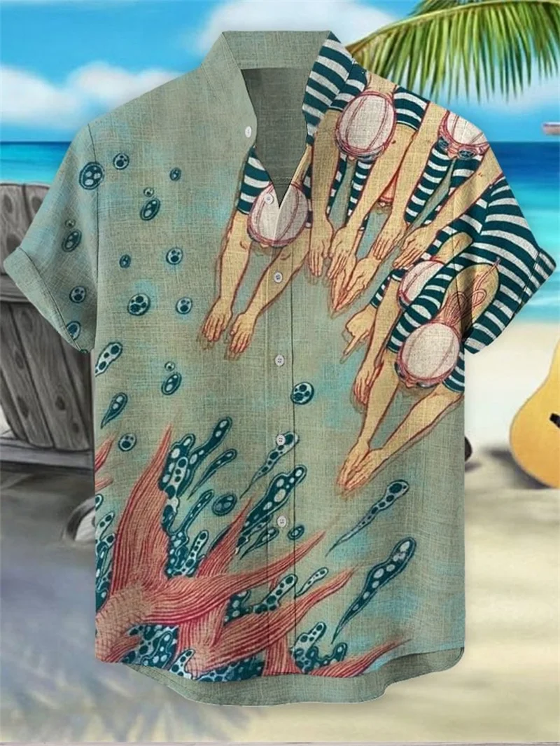 

Striped pattern linen shirt summer street short sleeved 3D printed top button up shirt men's lapel shirt