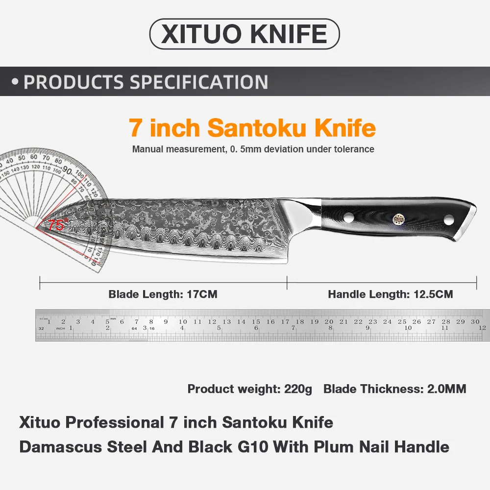 XITUO Santoku Chef's Knife 7 Inch Multi Kitchen Knives Damascus Steel & Ergonomic G10 Handle Best Sharp High-Carbon Knives