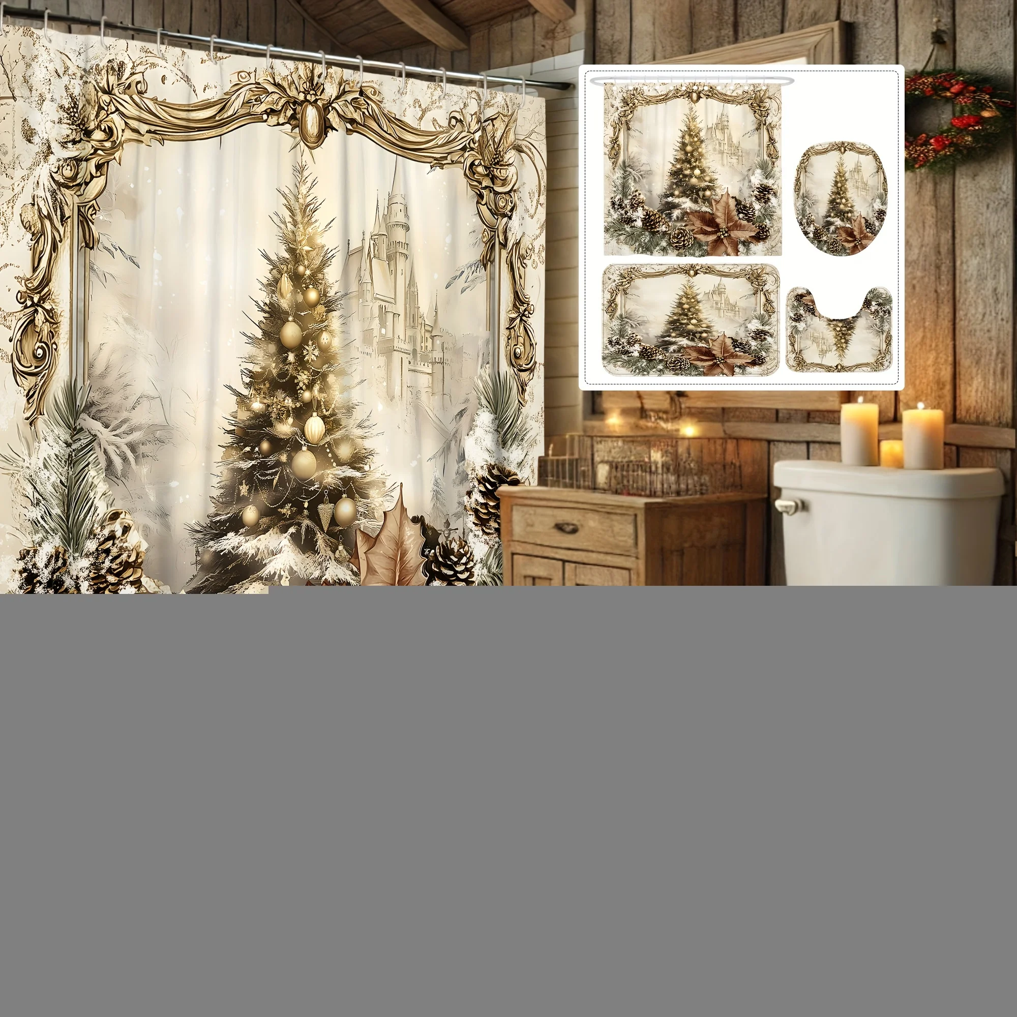 4PCS Merry Christmas Shower Set – Pine Tree & Pinecone Print Gold Green Vintage 12 Hooks Non-Slip Mat U-Seat Cover Holiday Decor