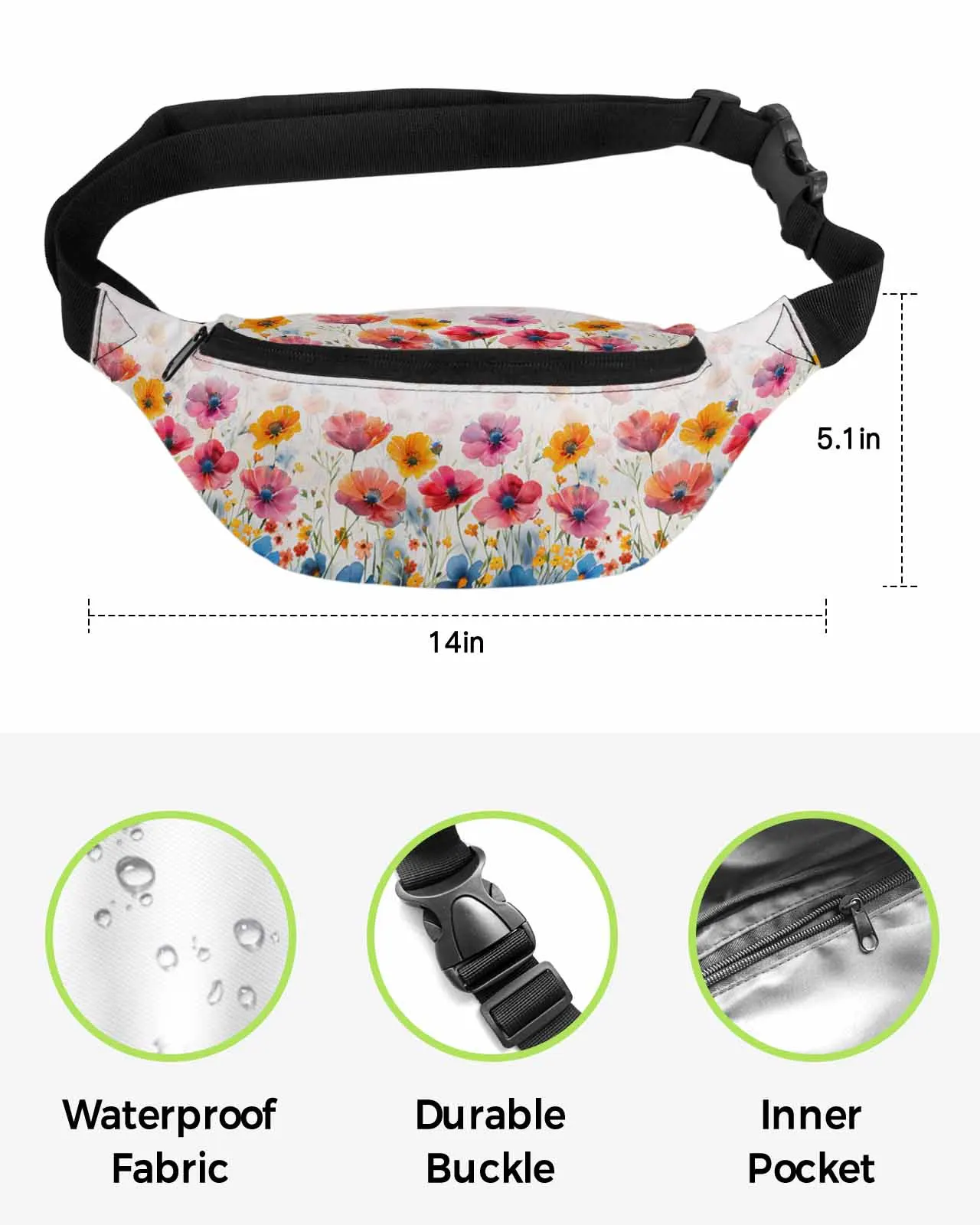 Saco impermeável da cintura da flor para homens e mulheres, Fanny Pack, Belt Bag, Carteira, Banana Hip Bags, Flor, Aquarela, Bud