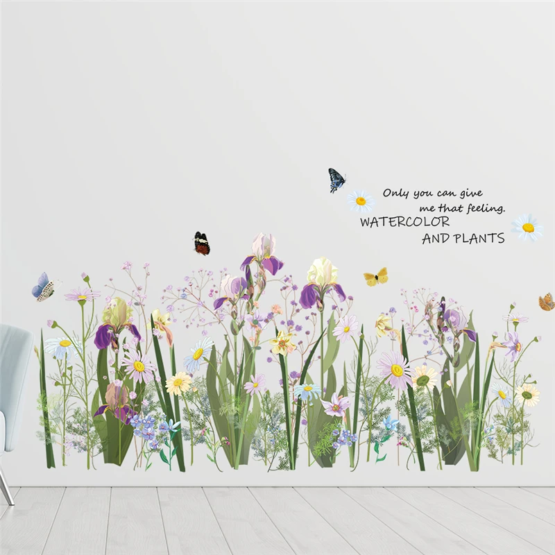 Blooming Calamus Flower Butterfly Wall Stickers For Baseboard Decor Plant Mural Art Diy Home Decal Pastoral Pvc Poster