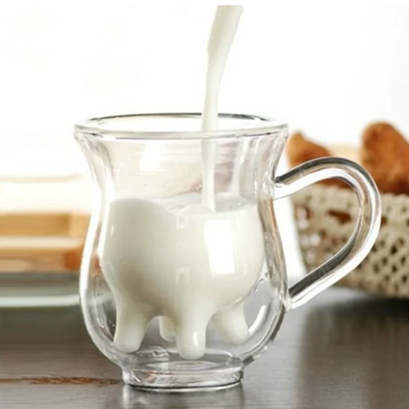 

250ml Lovely Milk Jug Juice Tea Coffee Cup Clear Glass Mug Milk Frother Pitcher Creative Cow Double Layer Glass Creamer Cup