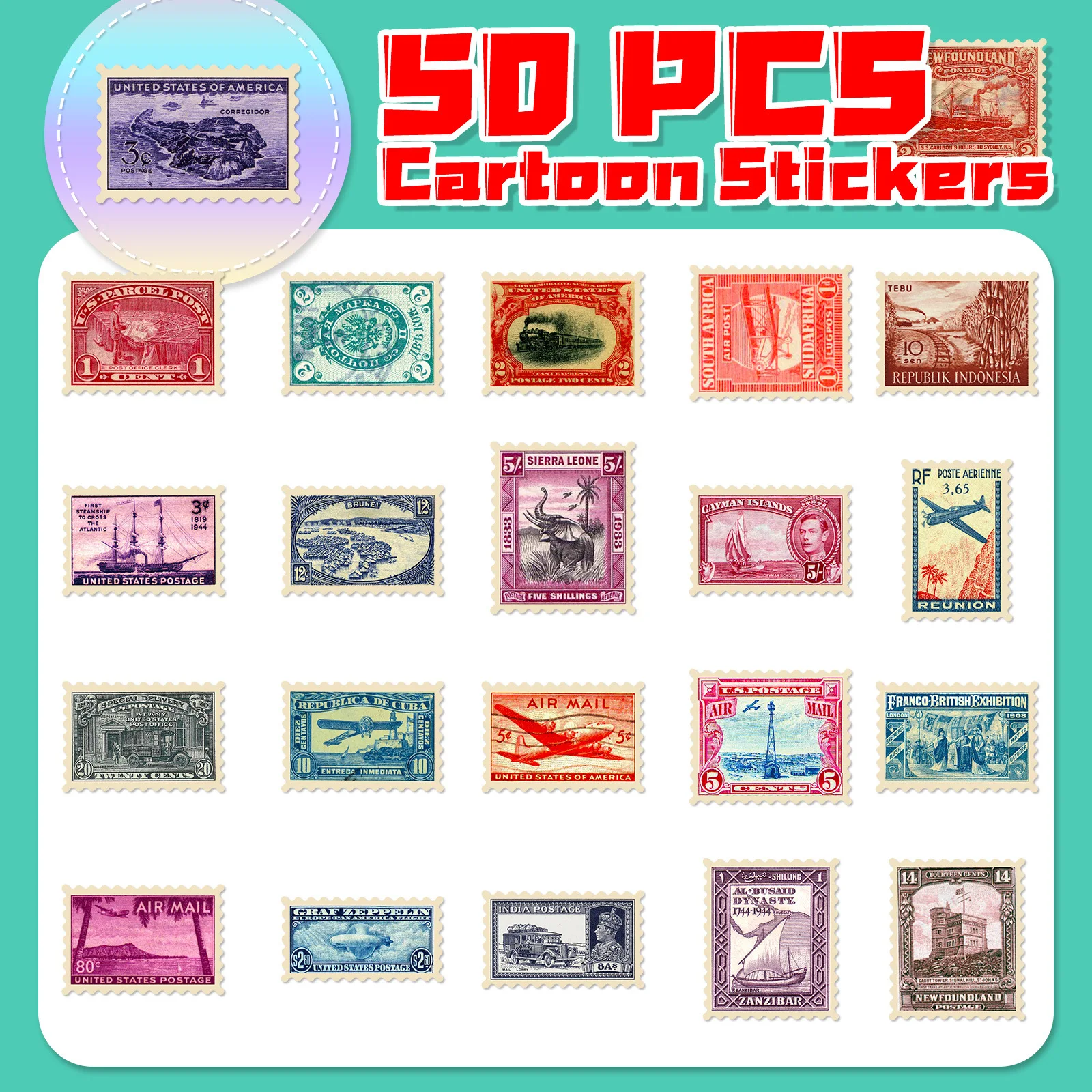 50pcs Coin European and American Retro Travel Cities Commemorative Postmark Wind Art Waterproof Sticker