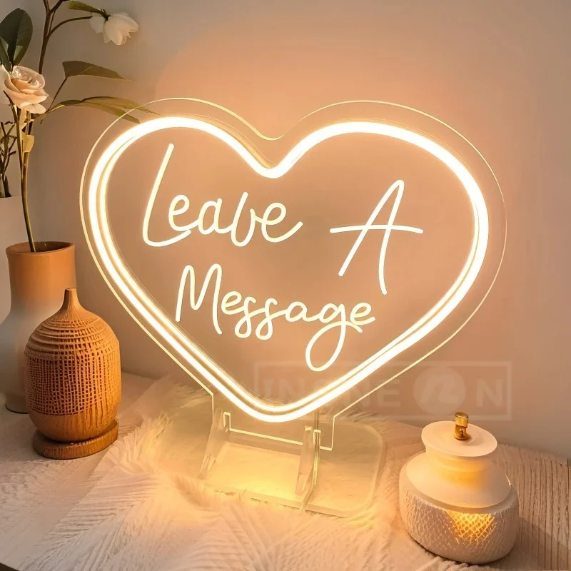 Leave a Message Custom Neon Sign Wedding 2025 - Custom LED Table Heart Stand Sign for Guest Book, Telephone Decor with Stand