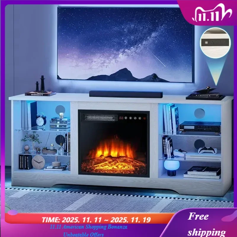 

Modern 58 Inch Wooden Entertainment Console Electric Fireplace TV Stand Remote Control for 65 Inch TVs with Shelf