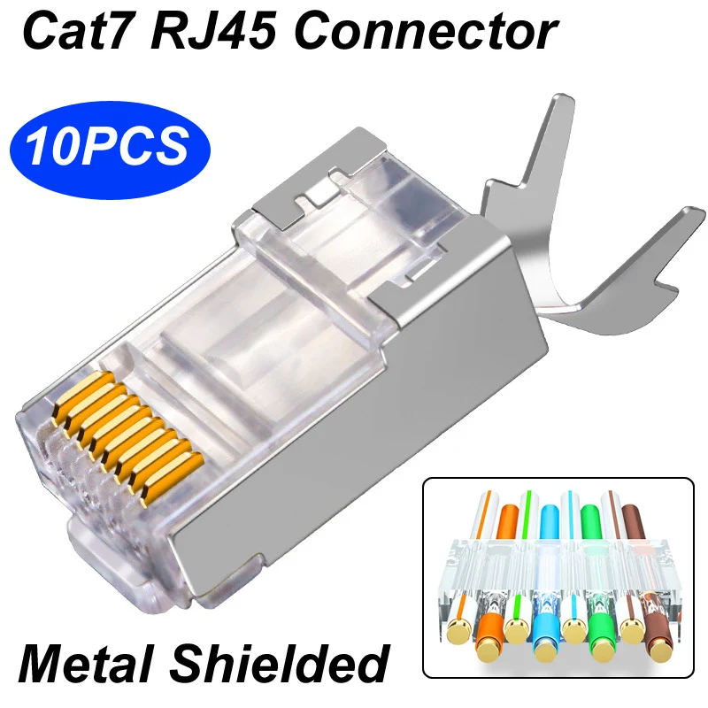 

10PCS Metal Shielded Cat7 RJ45 Pass Through Connector Micron 3 Prong FTP STP Ethernet Cable Crimp Modular Plug 8P8C Crystal Head