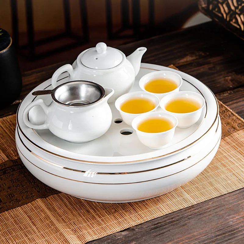 Round Small Tea Tray Office Ceremony Serving Marble Luxury Tableware Coffee Tea Tray Drainage Hospitality Bandejas Home Products 4