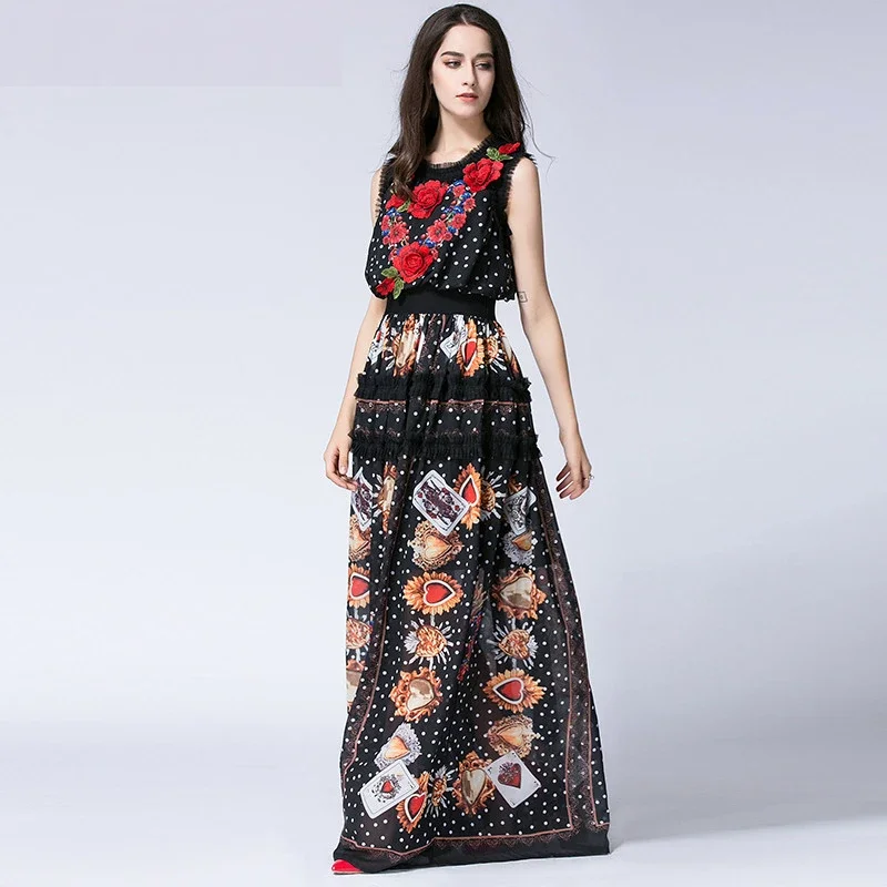 

New Summer New Designer Runway Women Sleeveless Dots Lace Print Applique Retro Casual Long Maxi Dresses