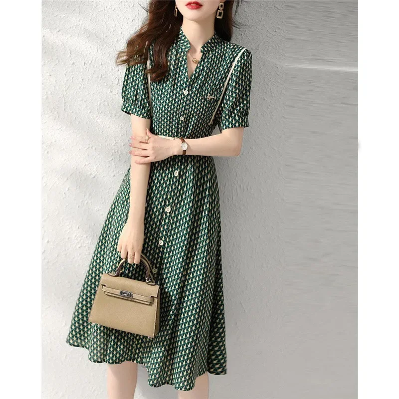 Estate moda coreana elegante semplice stampa cintura manica corta tunica bottone camicia abiti per le donne Casual Slim Midi Dress Vestido