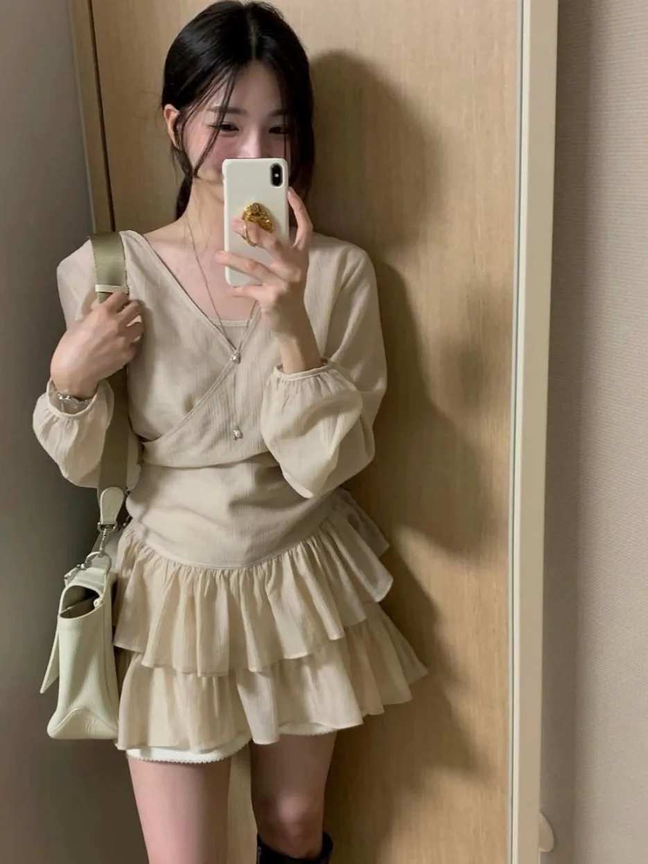 Chic Vroege Lente Vrouwen Band Vest Lange Sve V-Ne Buitenste Dr Rok Kant Tweedelige Set Faionable volwassen Kleding