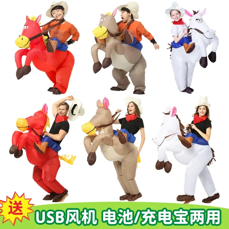 Riding Horse Inflatable Costume Kids Adult Festival Party Air Blow Dress Up Jumpsuit Stage Show Atmosphere Props Cowboy Cosplay