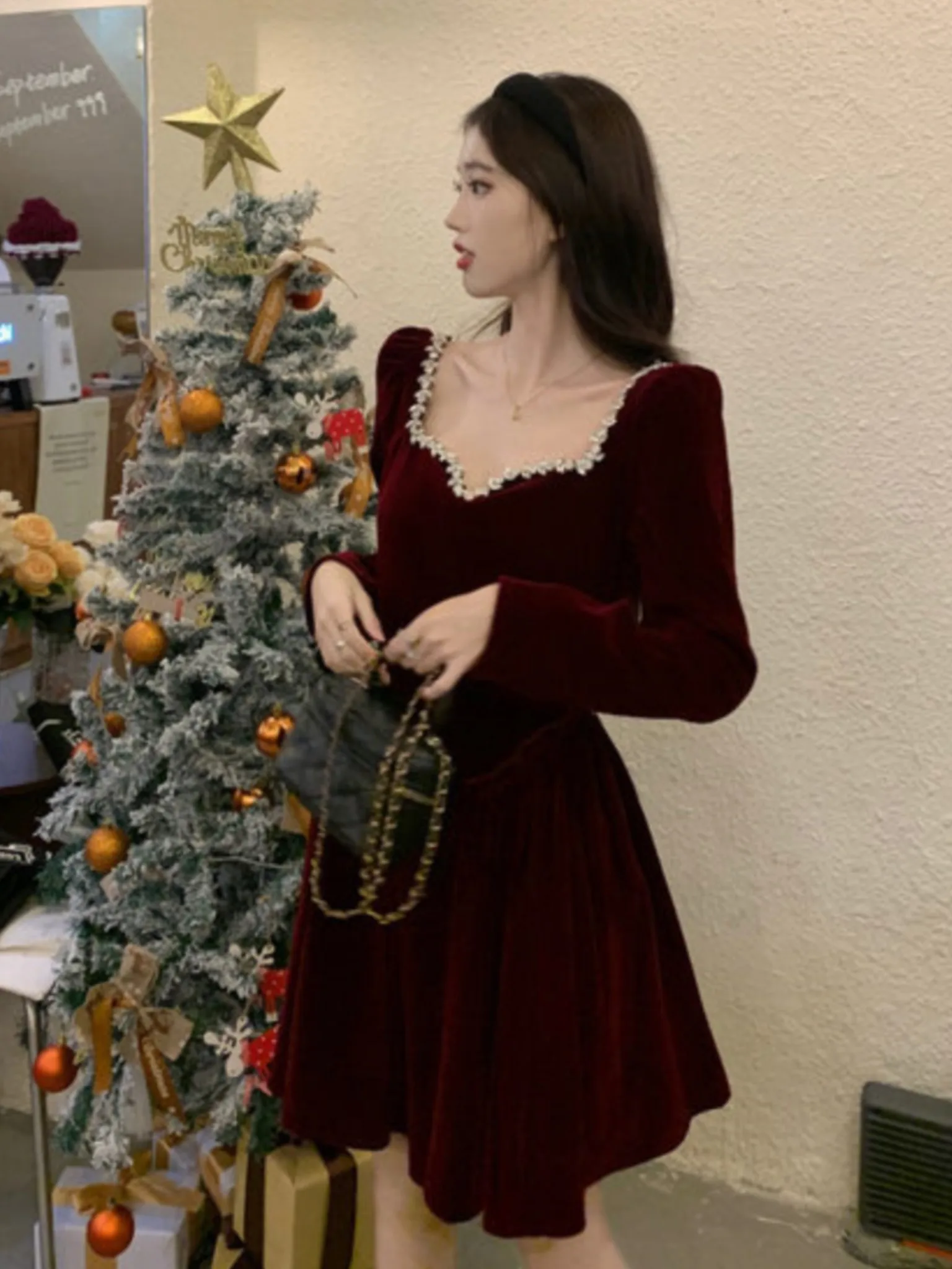 Fashion Burgundy Wedding Evening Midi Dress Woman\'s France Elegant One Piece Birthday Robe Spring Velvet Clothes Mujers