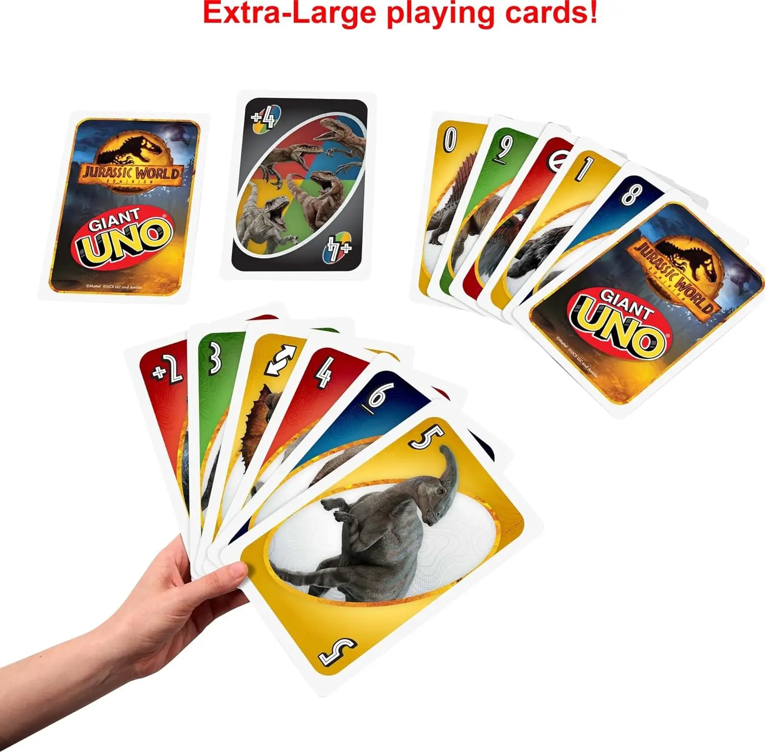 Mattel Games Large UNO Jurassic World Dominance Card Game, suitable for children and gaming nights, with oversized cards and cus