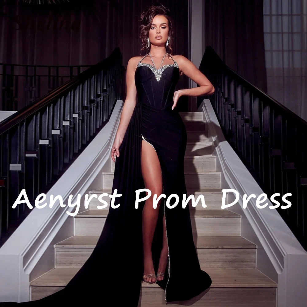 Aenyrst-vestidos de noche personalizados con cuello Halter, sexys, negros, con abertura lateral de satén, vestidos de fiesta de cristal hasta el suelo, vestido de fiesta Formal