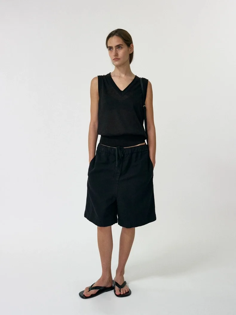 Lässige Baumwoll-Leinen-Arte-Hose für Damen, hohe Taille, lockere Passform, Fünfviertel-Länge, bequeme elastische Taille, Sommer-Freizeit-Artees