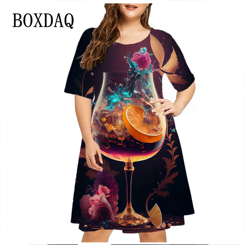 Crystal Cup Lemon Floral Print Dresses For Women 2023 Summer Beach Style Loose Plus Size Dress Casual Party Short Sleeve Dress