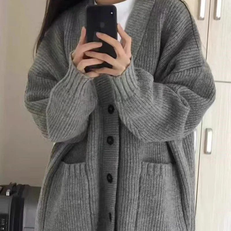 

Retro V-neck 100% pure wool mid-length cardigan for women loose thickened plus-size knit top