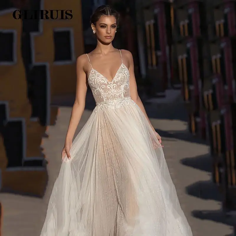 Elegante vestido de casamento boêmio de praia, cintas de espaguete sexy em V, sem encosto, vestidos de casamento 2023