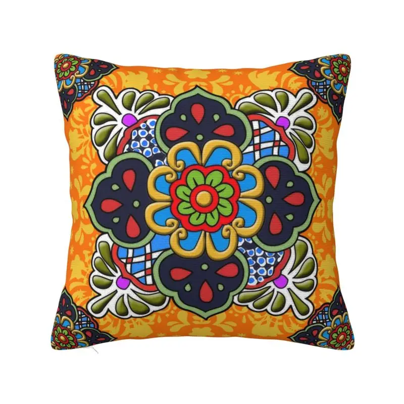 Custom Modern Mexican Talavera Flower Ceramic Tile Cushion Cover Velvet Pillow Case for Living Room