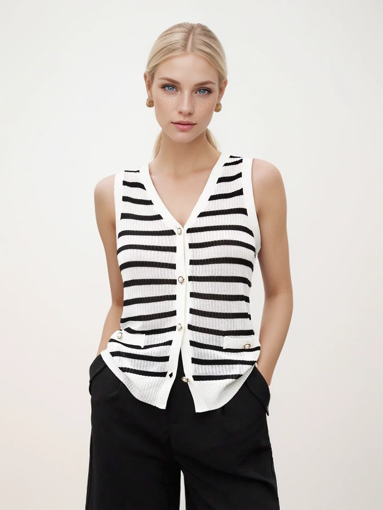 Vest for Women Striped Dressy Tops Cropped Tank Tops Summer Sleeveless Button Up Cardigan Sweater Vests