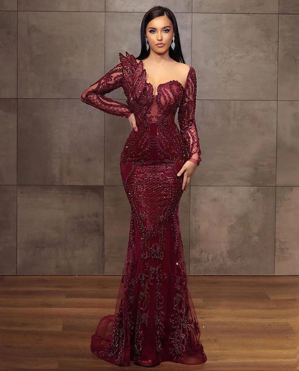 Burgundy Sequined Beading Evening Dresses Full Sleeves Mermaid Asymmetrical Design Formal Party Prom Gowns Vestido De Fiesta