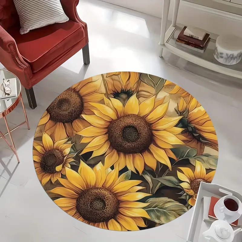 Vintage Oil Painting Sunflower Round Rug Floral Print Soft Non Slip Circle Carpet Farmhouse Botanical Home Round Rug For Bedroom
