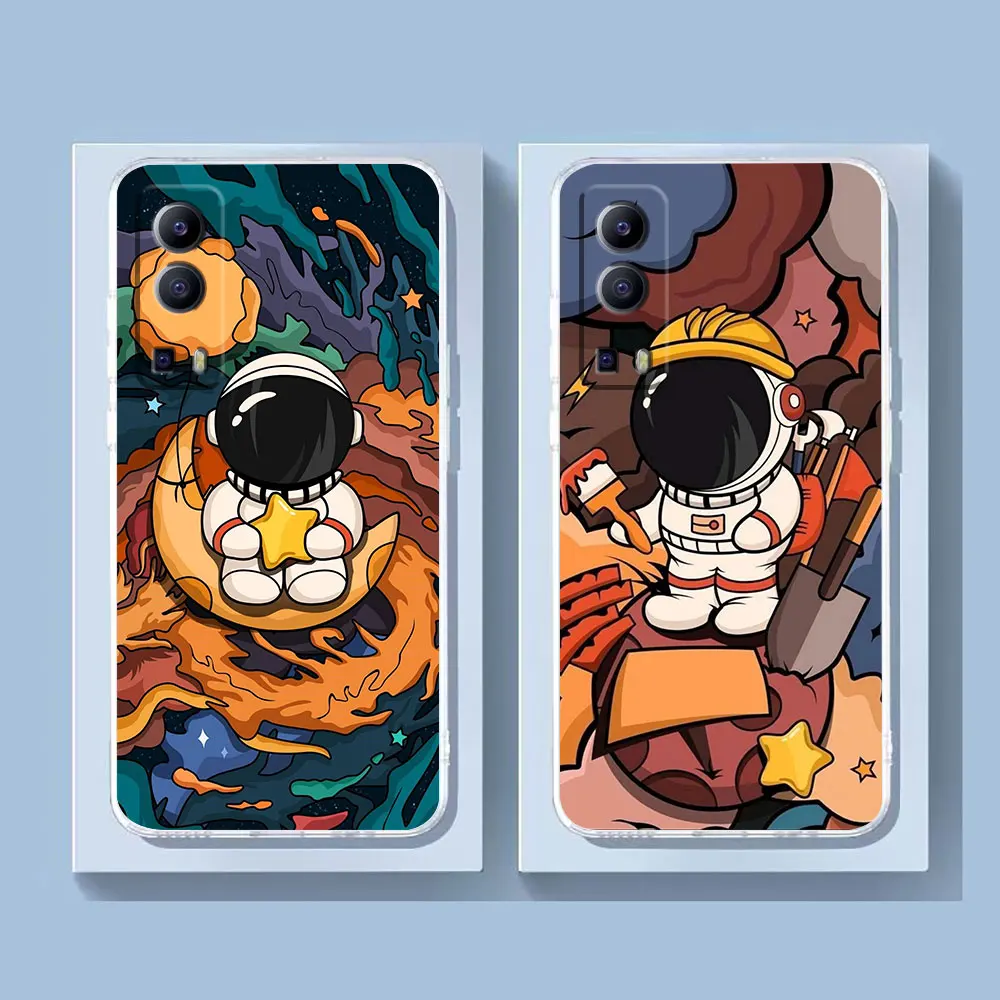 Clear Phone Case For VIVO Y30 Y32 Y33S Y50 Y51S Y52S Y53S Y55S Y66 Y77 Y93 Y95 Y97 V20 5G 4G Case Funny Cartoon Astronaut Space