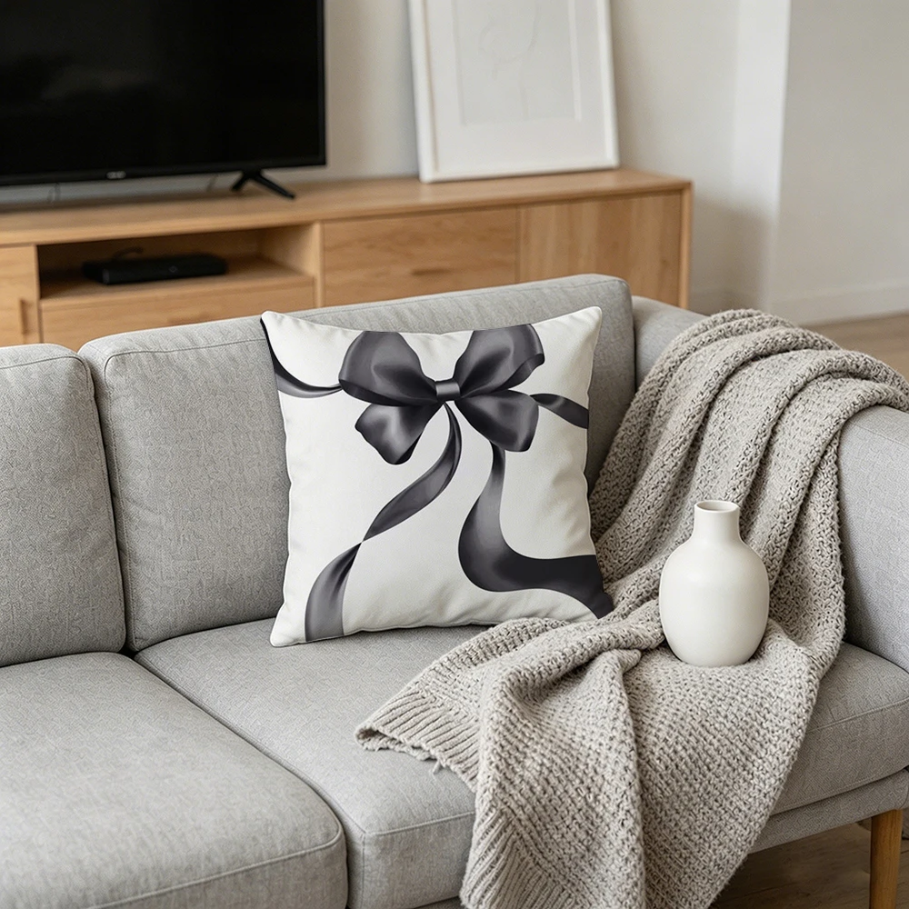 1PC Throw Pillow Cover,Black Bow Ribbon Print,Elegant Minimalist Style,For Sofa Bedroom Couch Home Decor