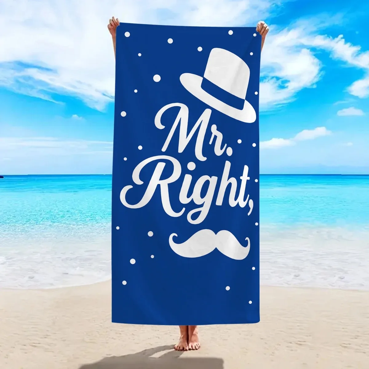 

Matching Couple Beach Towel 2D Flat Printed Peach Skin Fabric Mr Right Mrs Always Bath Towel Honeymoon Vacation Gift