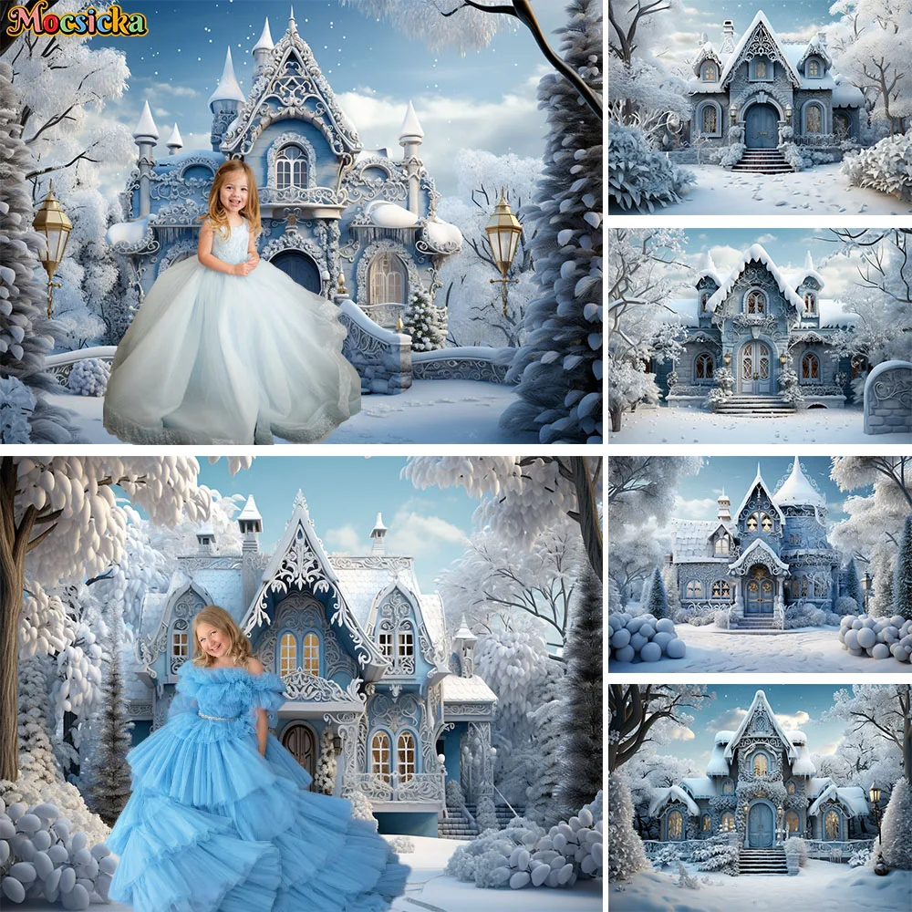 

Christmas Blue Snowy House Background for Studio Photography Winter Frozen Wonderland Forest Kids Photo Backdrop Party Booth