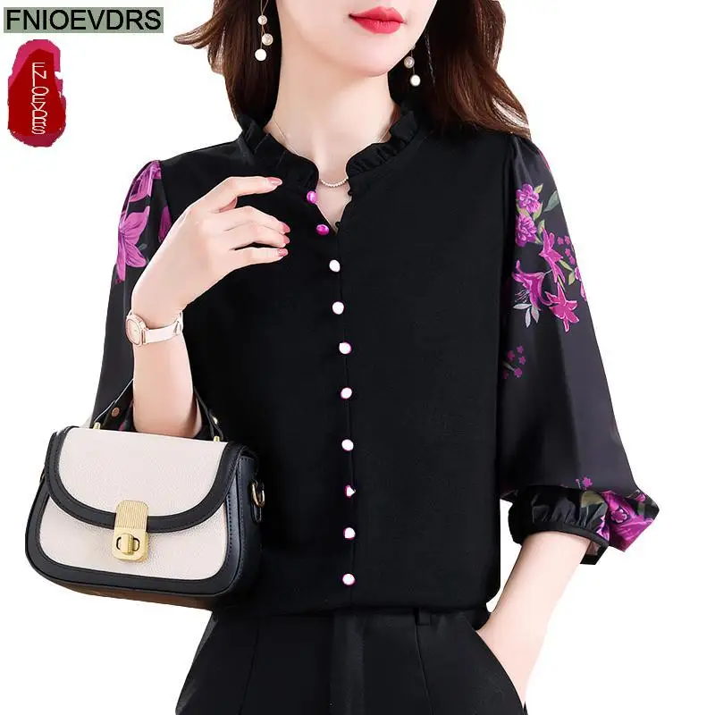 Retro Vintage Ruffles V Neck Tops New Design Women Autumn 2024 Fashion Office Lady Elegant Purple Button Shirts Blouses