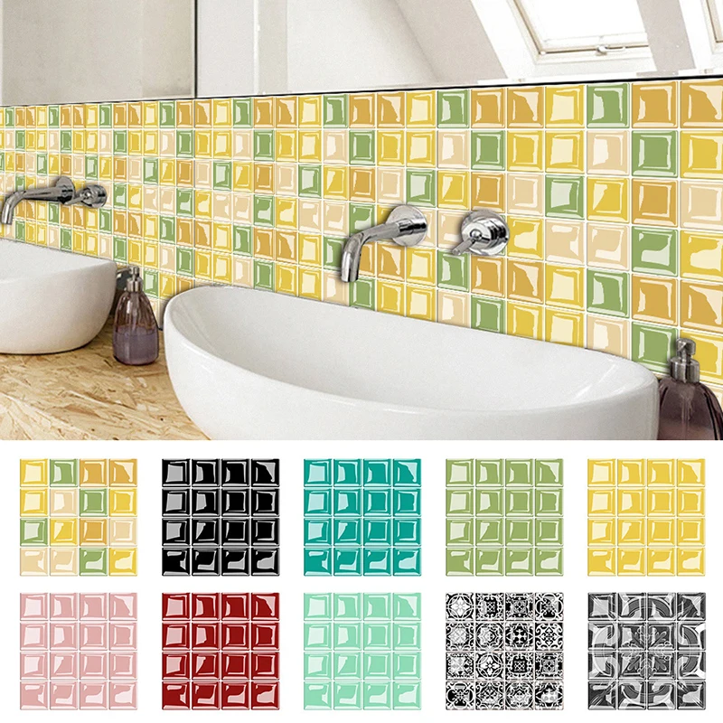 10Pcs Flat Printing Crystal Tile Sticker Waterproof Self-Adhesive Wall Stickers DIY Mosaic Home Decor Bathroom Kitchen Wallpaper