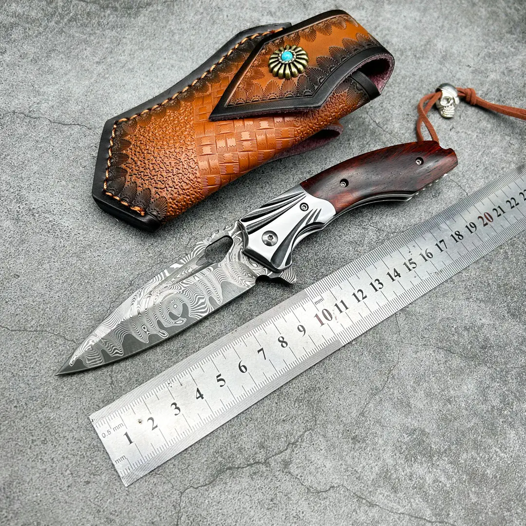 

Forged VG10 Damascus Folding Knife With Leather Sheath Outdoor Hunting Self Defense Pocket Camping EDC Handmade portable Knives