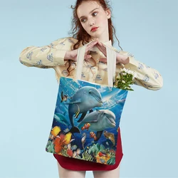 Ocean Landscape Sea Turtle Dolphin Shark Reusable Canvas Student Tote Handbag for Women Lady Foldable Reusable Shopping Bag