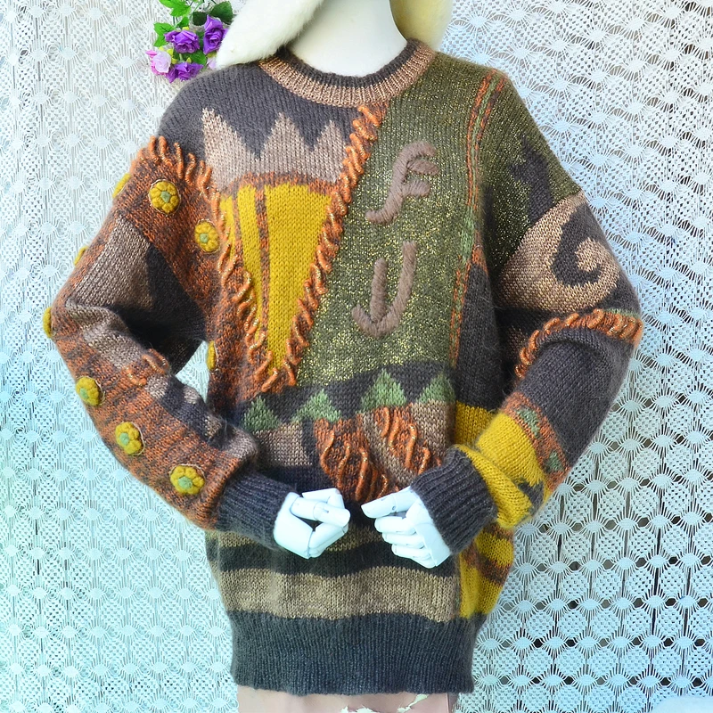 

Женский винтажный пуловер из мохеровой шерсти с длинными рукавами и круглым вырезом, свободного кроя, весна-осень