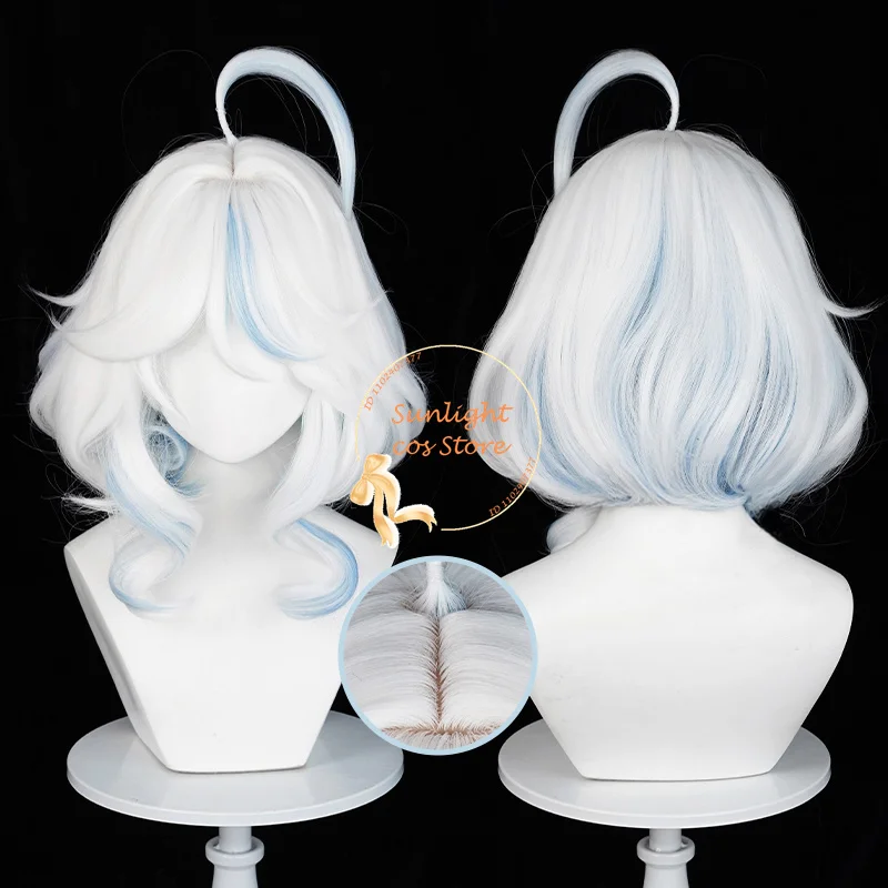 Fontaine Focalors Anime Cosplay Perruque pour Femme, Perruques sulfBouclées Bleues et Blanches, Degré de Chaleur, Perruques d'Halloween, Haute Qualité