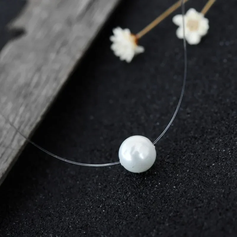 Transparent Fishing Line Invisible Pearl Necklace Simple Round Bead Choker Pendant Delicate Ladies Short Necklace Fashion Collar