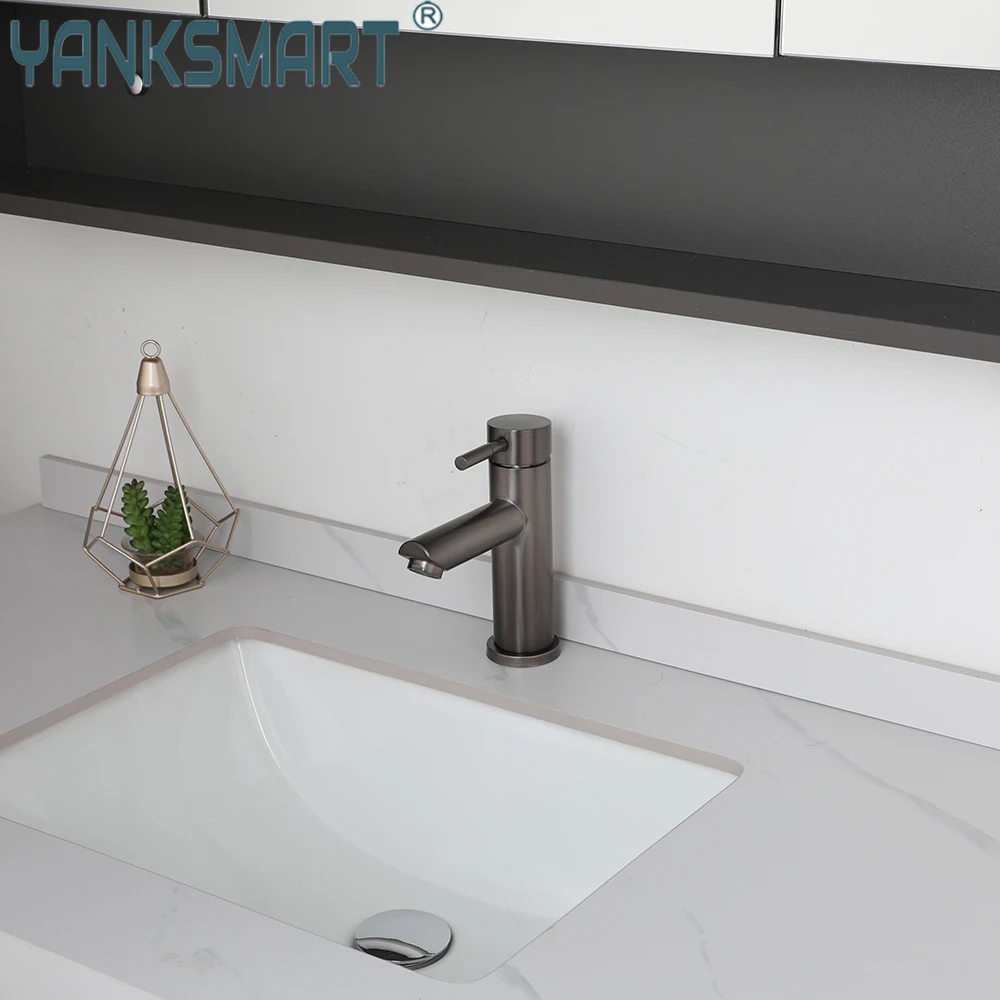 YANKSMART Gun Grey Brushed Bathroom Faucet Bathtub Vanity Basin Sink Mixer Tap Deck Mounted Washbasin Faucets Hot Cold Water Tap