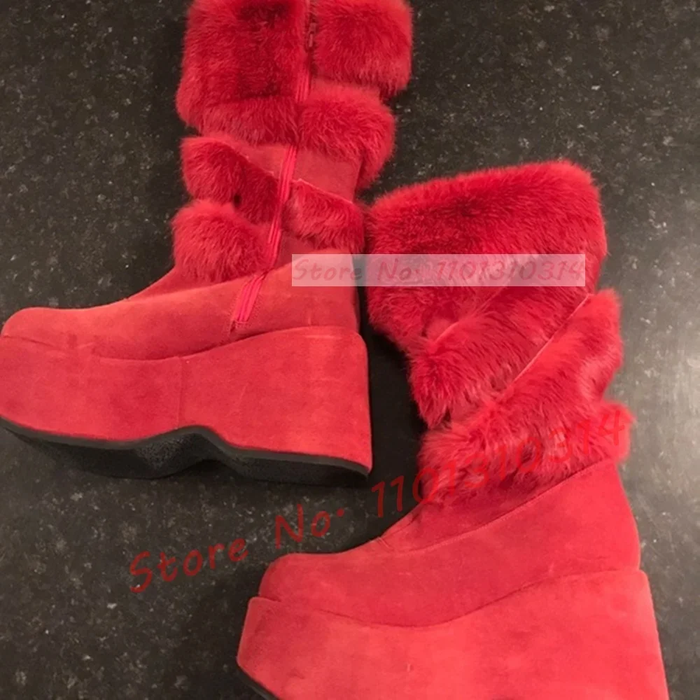 Hot Pink Thick-sole Furry Knee Boots Women Chic Round Toe Sweet Girly Lolita Shoes Winter Ladies Red Fur Party Big Size Boots - view 6