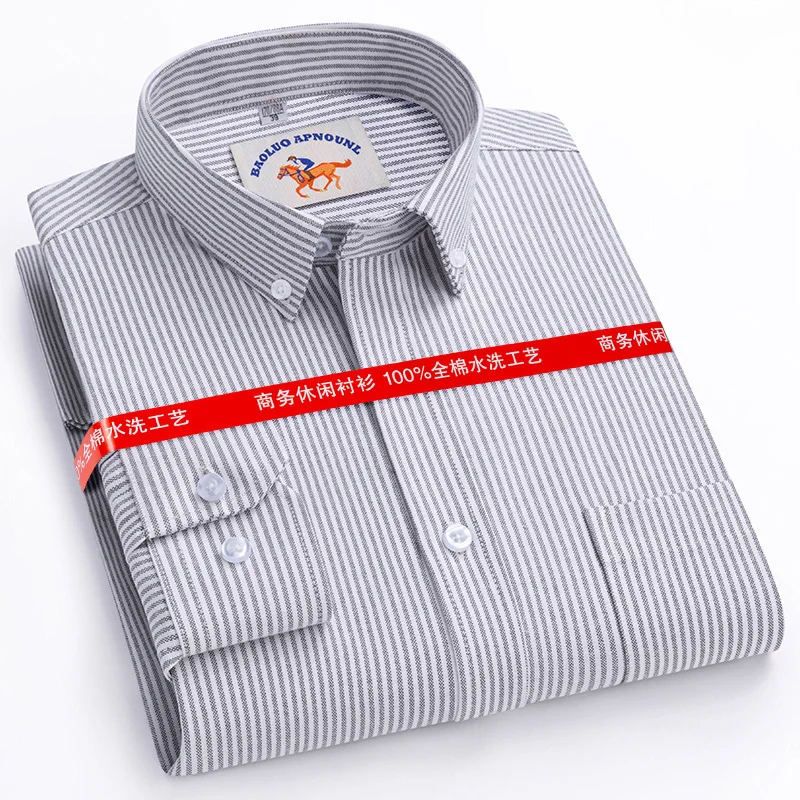 6XL 7XL Men's Shirt Long Sleeve Oxford Spunspring Summer 100% cotton no-iron Fashion plaid stripe casual high quality