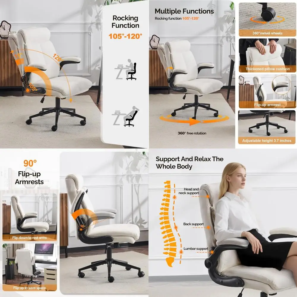 

Эргономичное вращающееся настольное кресло с мягкими подлокотниками, компьютерное кресло с высокой спинкой для игр и дома, белое льняное кресло