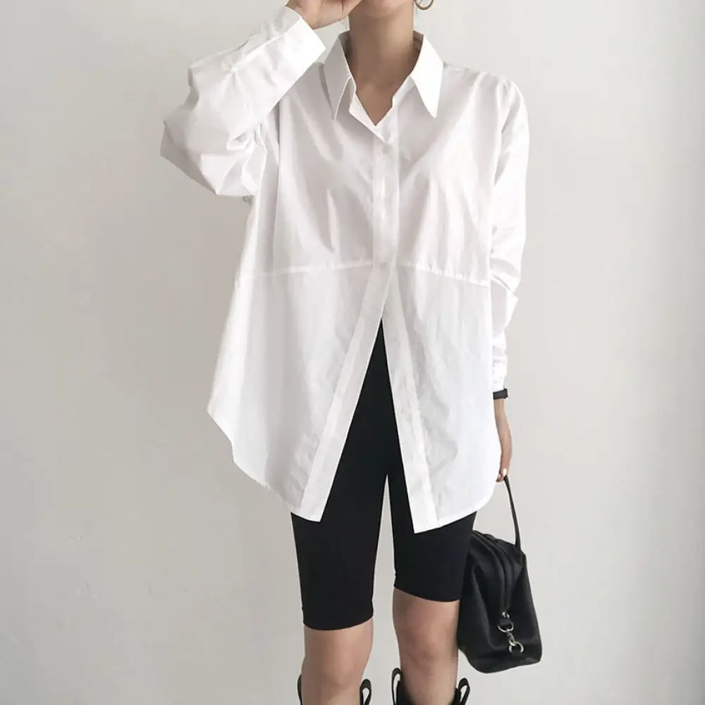 Womens Autumn Blouse Korean Minimalist Style Loose Fit Shirt Puff Sleeve Irregular Single Breasted Elegant Casual Solid Tops