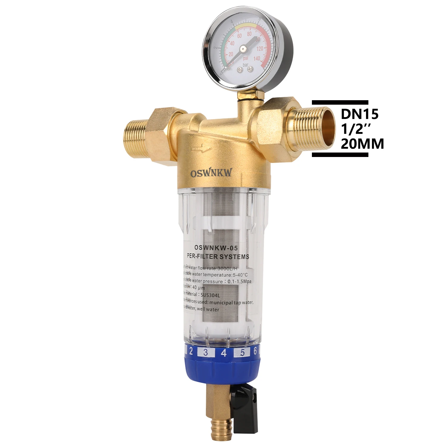OSWNKW-05 Pre-filter Zuiveraar Hele Huis Spin-Down Sediment Waterfilter Centraal Voorfiltersysteem Terugspoeling RVS Gaas - afbeelding 1