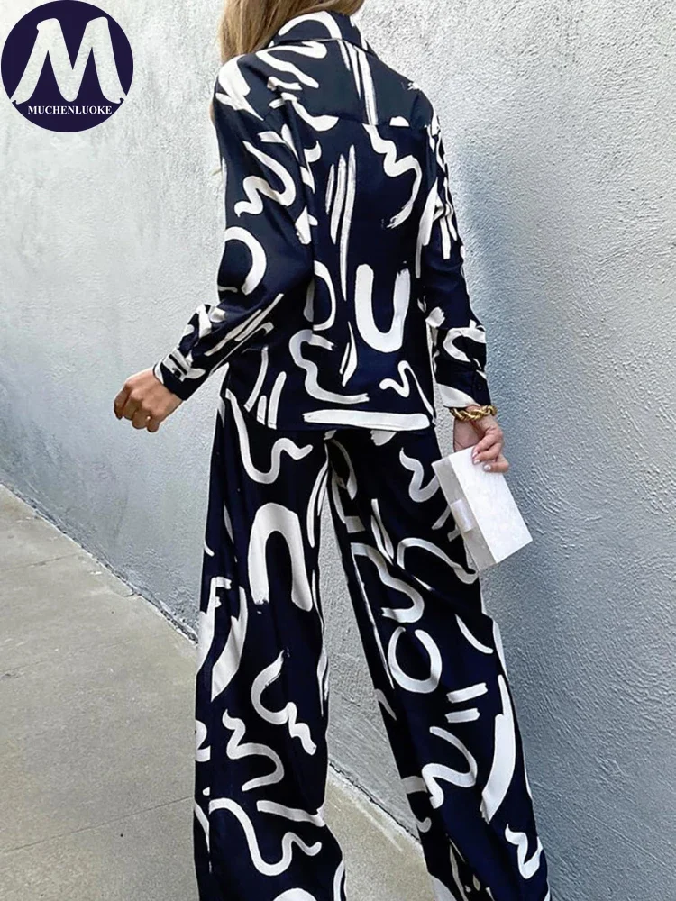 2 Piece Sets Women Outfit Spring Summer New Fashion Printed Long Sleeves Tops Suits Casual Loose Women\'s Home Wide Leg Pant Set