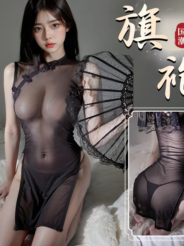 속옷 섹시한 얇은 Qipao 클래식 유니폼 투명 드레스 우아한 스탠드 칼라 블랙 하이 슬릿 드레스 밑단 민소매 QBC4