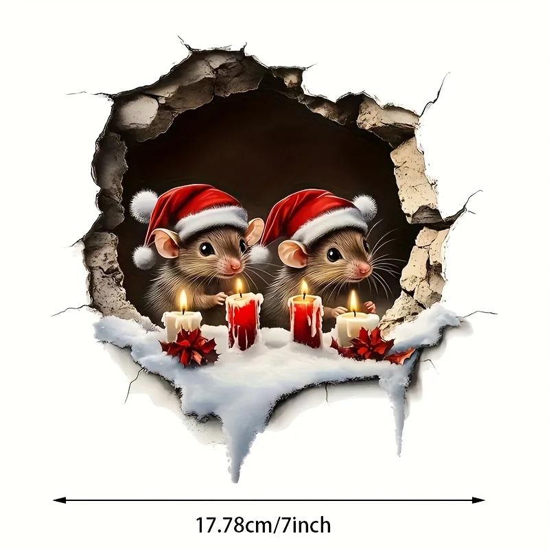 1Pc Christmas Mouse Break Wall Sticker, Holiday Candle Decal for Car Window Bumper Laptop Home