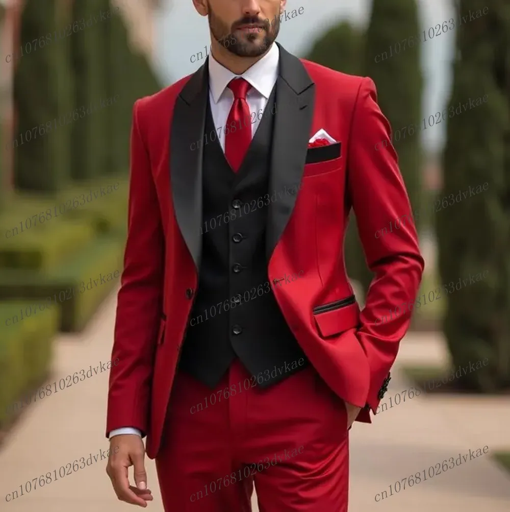 

New Black And Red Men Suit Groom Groomsman Wedding Party Prom Business Formal Male Tuxedos 3 Piece Set Jacket Vest Pants