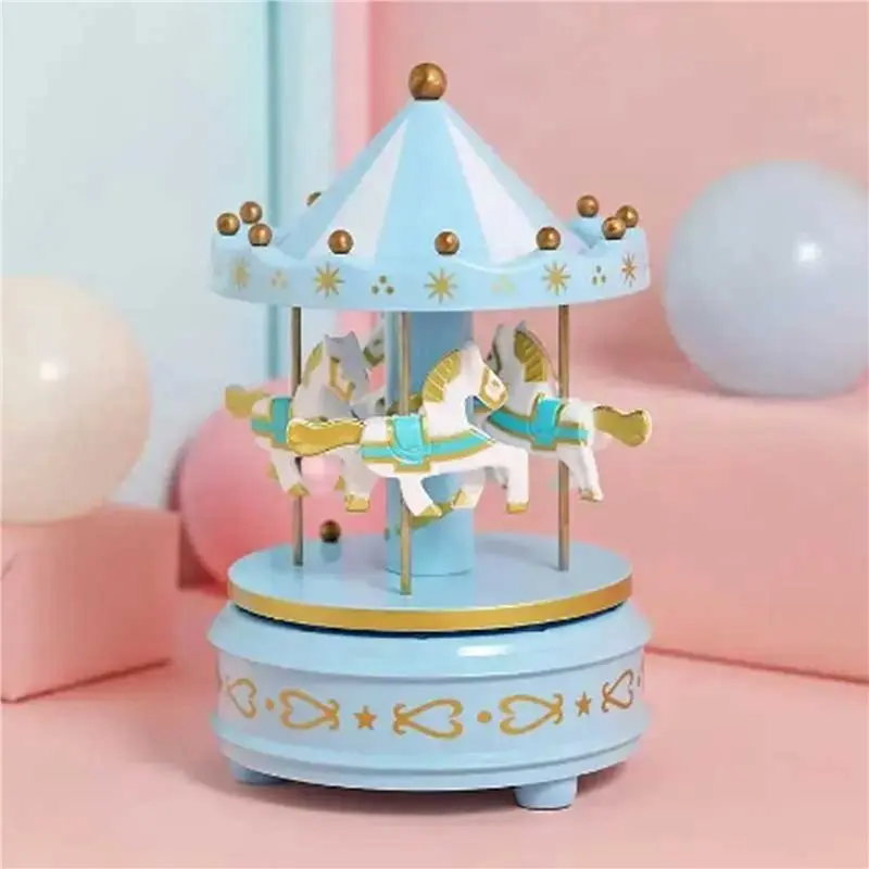 2Pcs Luxury Carousel Music Box 4 Horses Rotate Rotation Romantic Luxury Carousel Handwork Music Box Gifts Blue