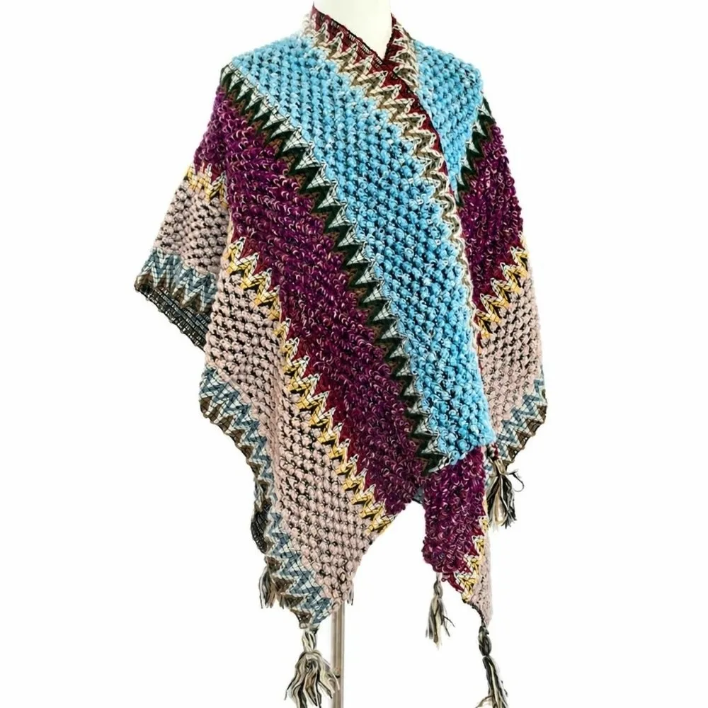 Vintage Color-block Striped Bohemian Knit Poncho Pullover Ethnic Boho Tassel Poncho Boho Tassel Travel Outfit Coverup For Women